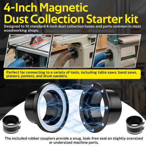 Amazon 4-Inch Magnetic Dust Collection Starter Kit with black magnetic flanges and rubber hose couplers