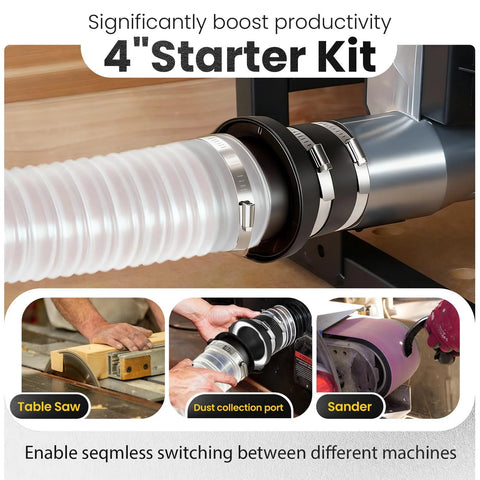 4-inch magnetic dust collection fittings starter kit with 8 magnets; 3-piece set for table saw, dust port, and sander