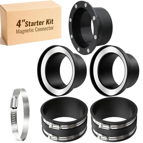 4-inch magnetic dust collection starter kit with black fittings, silver inner rings, and stainless hose clamps
