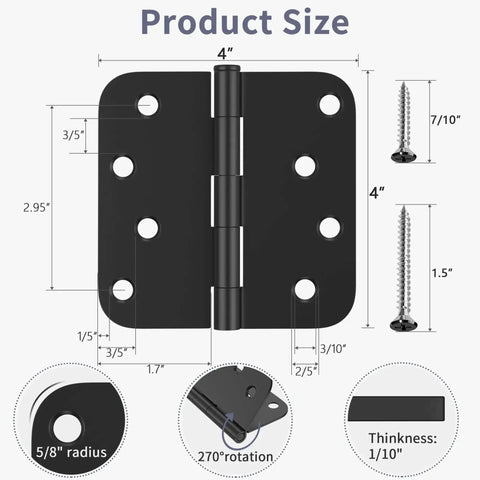 Diagram showing 12 Pack 4 Inch Matte Black Exterior Door Hinges With Five Eighths Radius And Square Corners, dimensions detailed.