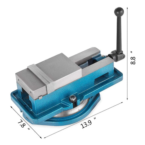 Top view of a 4 Inch Milling Vise With Bench Clamp For Precision Clamping, Durable Ductile Iron Construction With 360 Degree Swivel Base, Heavy Duty Machinist Vise For Secure Holding On Milling Machines, Ideal For Prototyping And Fine Work VEVOR showing its construction and dimensions.