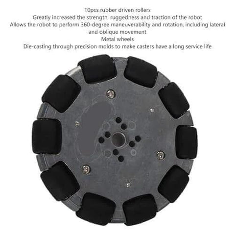 2pcs 4 Inch Omnidirectional Wheels for Industrial Robots, Metal Hub Omni Wheels shown with rubber rollers and 8mm bore