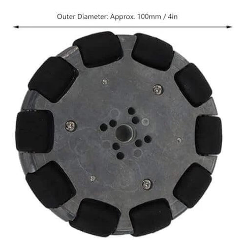 Top view of a 4 Inch Omnidirectional Wheel with metal hub and rubber rollers, part of the 2pcs 4 Inch Omnidirectional Wheels for Robots set.