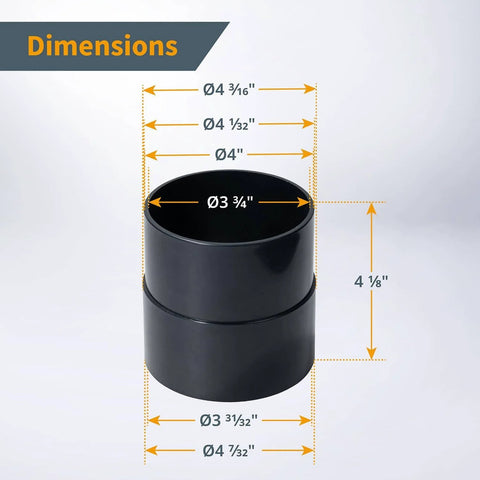 4 Inch Pipe To Hose Adapter Quick Connect For Dust Collection Systems showing dimensions and durable ABS plastic
