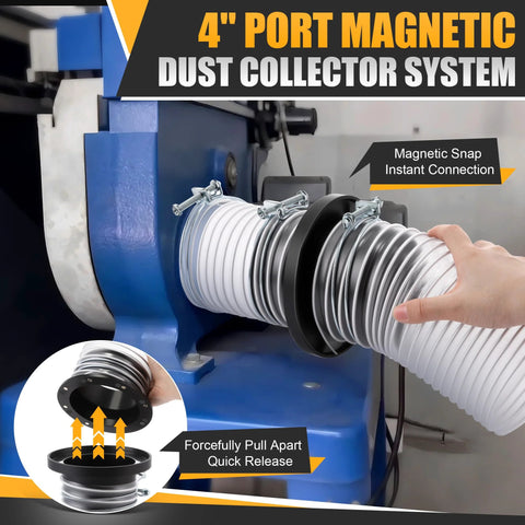 Saillong 4-inch magnetic dust collector starter kit with hose couplers and clamps attached to a blue workshop dust collector.