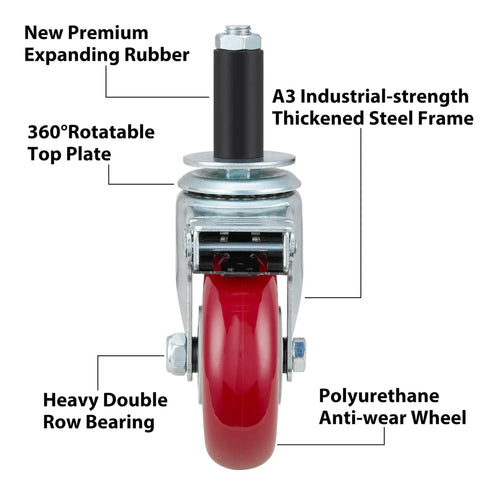Front view of a 4 Inch Prep Table Caster Wheels Set Of 4, Heavy Duty Expanding Stem Casters For Stainless Steel Furniture Legs, Work Tables And Kitchen Benches, Fits Inner Diameters 7/8 In, 1 In, 1-1/2 In And 1-5/8 In, With Brakes, showing expanding stem and red polyurethane wheel.