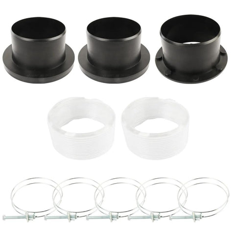 O'SKOOL 4-inch magnetic dust collector port kit with three black adapters, two white collars, and five hose clamps.