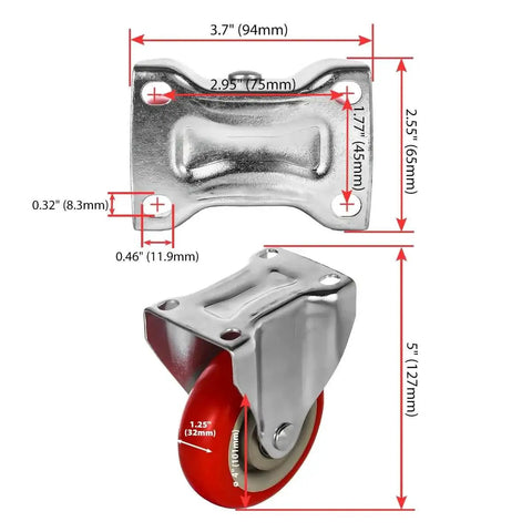 4-Inch Caster Wheels Set With Red Polyurethane Wheels Top Plate Non-Swivel Rigid Fixed Casters With Mounting Hardware dimensions