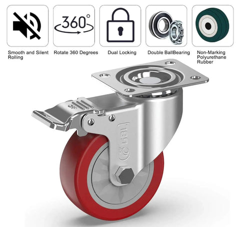 4 Inch Heavy Duty Caster Wheels With Brakes And Screws Set Of Four Silent Rubberized Castors Up To 1320 Lbs Capacity No Floor Marks Ideal For Furniture Trolleys And Pallets Swivel Design For Easy Maneuvering close-up view