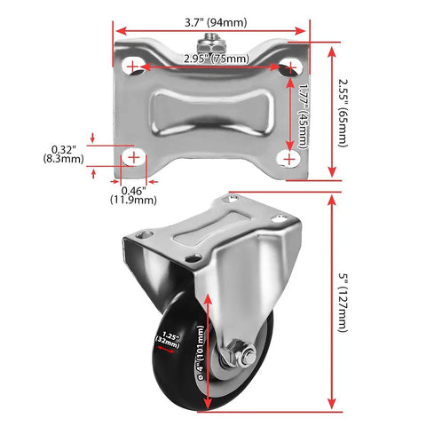 4 Pack 4 Inch Rigid Non-Swivel Caster Wheels With Top Plate Hardware Kit Black Polyurethane Wheels For Stationary Furniture Straight Line Movement Overall Height 5 Inches Plate Size 2.55 By 3.7 Inches, front view with measurements