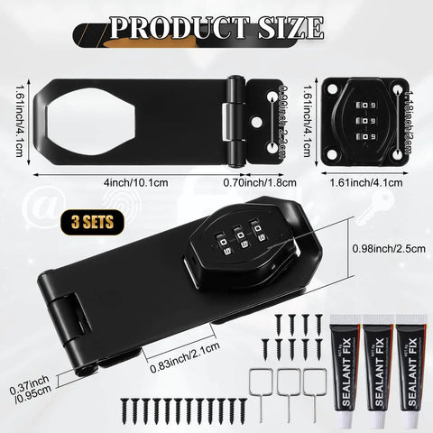 Three Pack 4 Inch Password Rotary Hasp Locks For Doors Cabinets Barn Doors And Outdoor Use Mechanical Combination Slide Latch Lock Sturdy Zinc Alloy Construction With Screw Or Glue Mount showing product dimensions and components