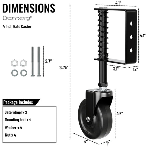 Four Inch Spring Loaded Caster Wheel Set For Gates And Fences, heavy-duty rubber with dimensions and included parts details.