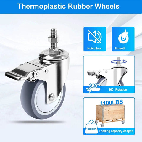 Four Inch Stainless Steel Caster Wheels With Brake, Rust Resistant Non Marking TPR Rubber, Threaded Stem Sizes Three Eighths By One Inch Or One Half By One And A Half Inches