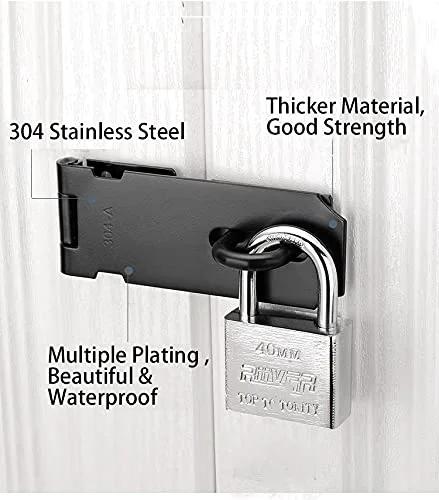 4 Inch Stainless Steel Door Hasp Padlock Latch Kit, Extra Thick Matte Black Hasp Lock With Screws, installed on wooden door