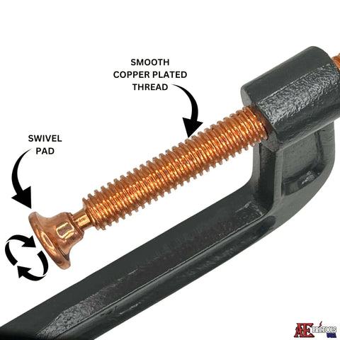 Close-up of ATE Pro USA 6 Pack 4 Inch Heavy Duty Steel C Clamps with smooth copper plated thread and swivel pad for secure grip