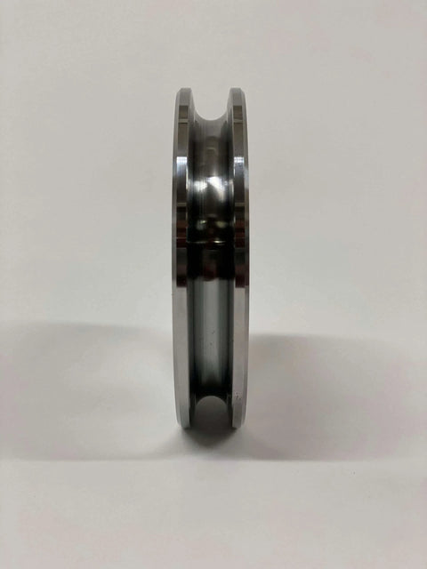 Side view of Auto Lift Parts Steel Cable Sheave 4" Pulley with 3/4" Center Hole, upgraded from nylon OEM, for 2-post lift, steel body.