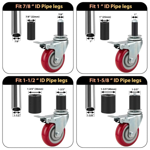4 Inch Prep Table Caster Wheels Set Of 4, Heavy Duty Expanding Stem Casters For Stainless Steel Furniture Legs, Work Tables And Kitchen Benches, Fits Inner Diameters 7/8 In, 1 In, 1-1/2 In And 1-5/8 In, With Brakes, shown in four sizes