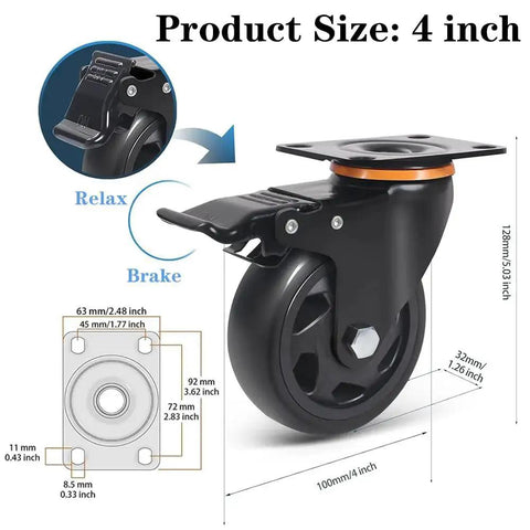 4 Inch Swivel Caster Wheels Set Of 6 With Brakes Heavy Duty Polyurethane Locking Casters For Cart Workbench And Trolley