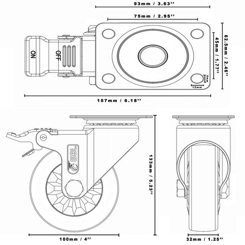 Technical drawing of 4 Inch Heavy Duty Caster Wheels With Brakes And Screws Set Of Four Silent Rubberized Castors Up To 1320 Lbs Capacity No Floor Marks