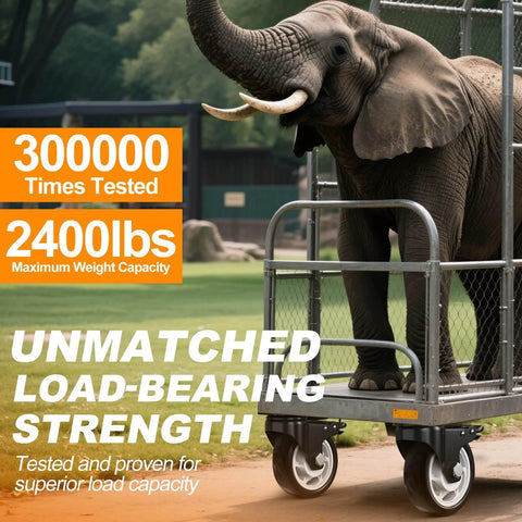Elephant standing on platform supported by 4 inch heavy duty caster wheels set of 4 rated 2400 lb total with 360 swivel dual locking brakes.