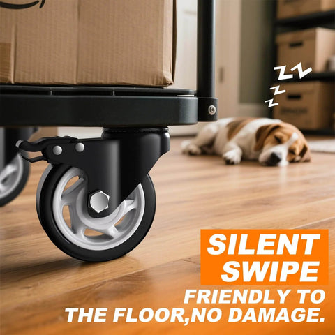 4 inch heavy duty caster wheels set of 4 rated 2400 lb total with 360 swivel dual locking brakes silent non marking wheels for workbenches carts cabinets & furniture easy mount hardware included on wooden floor with sleeping dog