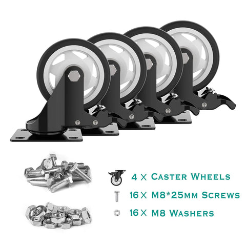 4 Inch Swivel Caster Wheels With Safety Total Lock And 360 Degree Rotation, Heavy Duty Plate Casters Set Of 4, screws, washers shown