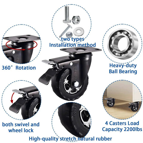 Heavy Duty 4 Inch Swivel Casters Set Of 4 With Brakes, 2200 Lb Capacity, Silent Swivel Wheels With Elastic Rubber Locks