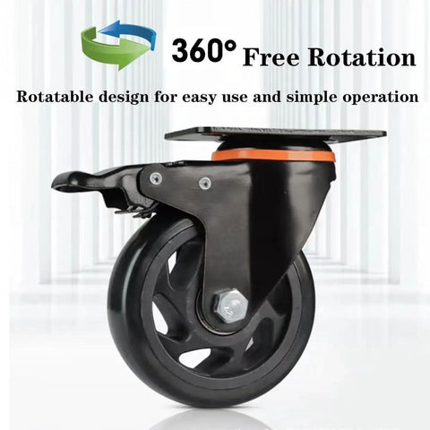 4 Inch Swivel Caster Wheels Set Of 6 With Brakes Heavy Duty Polyurethane Locking Casters For Cart Workbench And Trolley Load Capacity 2400 Lbs Non Marking Quiet Wheels For Flooring Durable Steel Plate shown from side angle