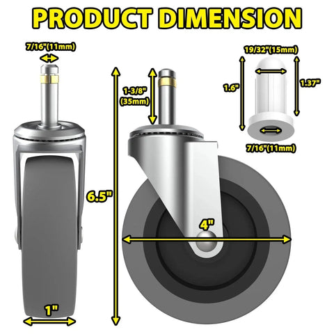 Product dimension diagram of 4 Inch Swivel Stem Caster Wheels, showing 7/16 Inch stem, TPR rubber, side and front views.
