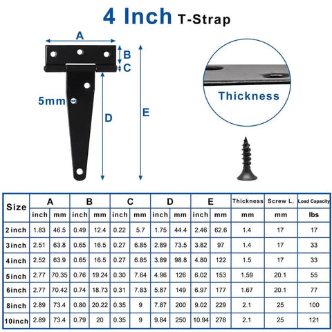 Dimensions and details of Six Pack 4 Inch T Strap Hinges Black Outdoor Gate Hinges with chart.