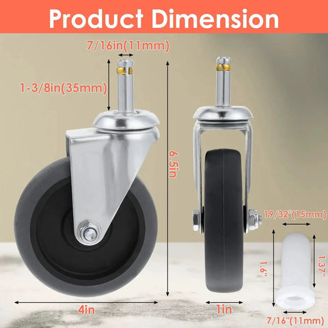 4 Inch Stem Caster Wheels Set Of 4 Heavy Duty TPR Replacement Casters for Utility Carts showing side view, dimensions, and socket.