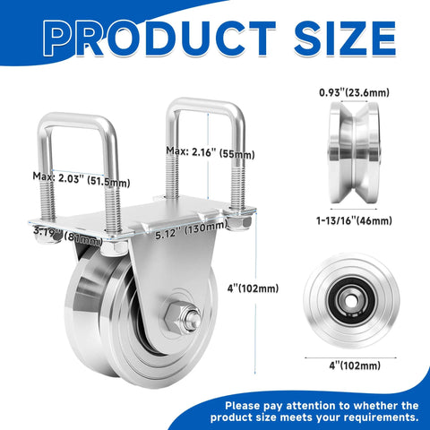 2 Pack 4" V-Groove Slide Gate Wheel Kit, Heavy Duty Steel Dual Bearing Bolted External Mount Bracket with Screws, size dimensions diagram