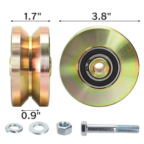 Two Pack Four Inch Solid Slide V Groove Wheels With Heavy Duty Sliding Gate Casters For Industrial Rails And Machinery One And Three Quarter Inch Width Gate Wheels With Screws And Double Bearings Corrosion Resistant Load Capacity Up To 1000 Lbs, side and front view with washers, bolt, and nut