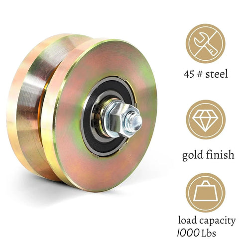 Two Pack Four Inch Solid Slide V Groove Wheels With Heavy Duty Sliding Gate Casters For Industrial Rails And Machinery One And Three Quarter Inch Width Gate Wheels With Screws And Double Bearings Corrosion Resistant Load Capacity Up To 1000 Lbs