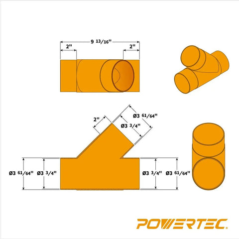 Diagram of Efficient 4 Inch Y Fitting For Dust Collection Systems That Splits A Single 4 Inch Hose Into Two Lines, ABS Plastic