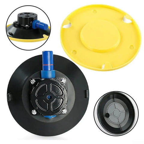 4 Inch Vacuum Suction Cup Mount Base With M6 And M8 Threaded Studs 70 Lb Heavy Duty Sucker shown in yellow and black components.