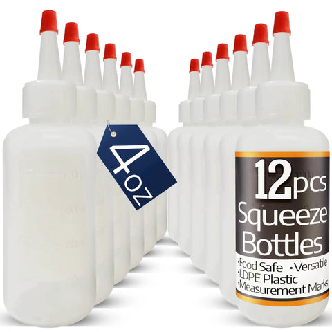 12 Pack 4 Oz Squeeze Bottles With Red Tip Caps For Ketchup BBQ Sauces Syrup Condiments Oil Pancake Decorating Dressings Travel Camping Lab Arts And Crafts Leakproof Pouring With Secure Yorker Cap And Gasket For Mess Free Use