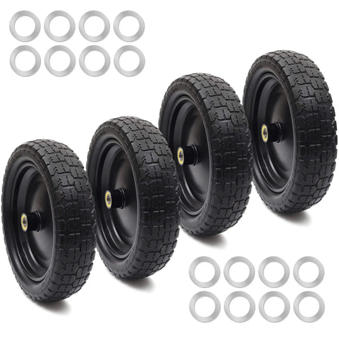 4 Pack 13 Inch Flat Free Solid Tire and Wheel with 5/8 Inch Axle Bore and 2.17 Inch Offset Hub for Garden Wagons