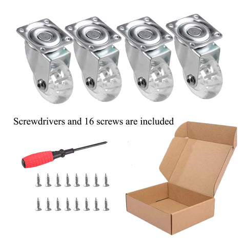 4 Pack Swivel Caster Wheels for Furniture 2 Inch Heavy Duty Crystal Clear Polyurethane Rolling Castors with screwdriver, screws, and box