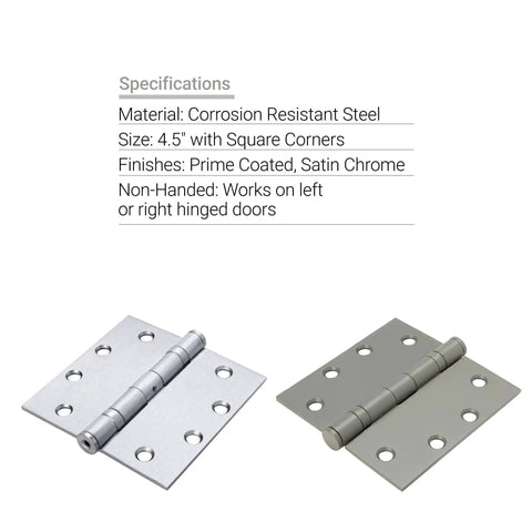 4 Pack Four And One Half Inch Ball Bearing Door Hinges With Prime Coat shown with specifications, corrosion resistant steel