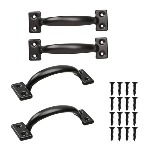 4 Pack 6 Inch Bow Door Handles Matte Black Vintage Rustic Pulls For Barn Doors Sheds Cabinets Gates And Outdoor Fences Durable Cold Rolled Steel Rustproof Hardware, shown with screws