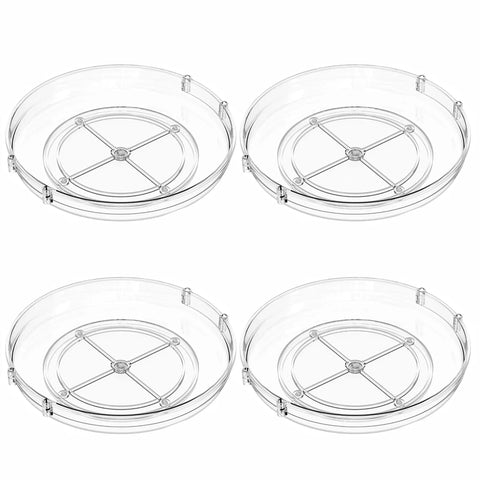 4 Pack 9.5 Inch Clear Acrylic Lazy Susan Turntable Organizer With Pillars For Cabinet Refrigerator Pantry And Vanity Makeup Bathroom Countertop DIY Two Tier Or Single Layer Spin Storage For Kitchen And Vanity, set of four turntables.