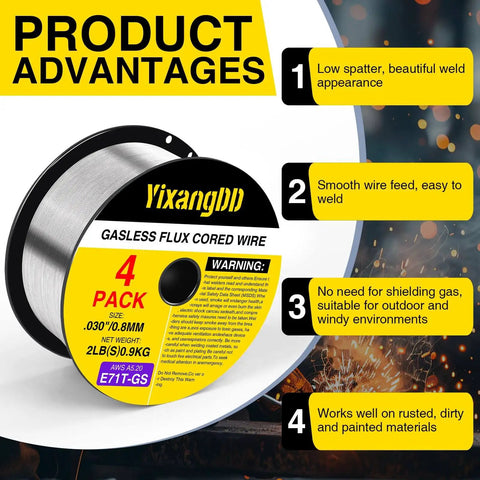 Image showcasing Four Pack 0.030 Flux Core Welding Wire E71T-GS Gasless Mild Carbon Steel MIG Wire 2 Pound Spool with key features.