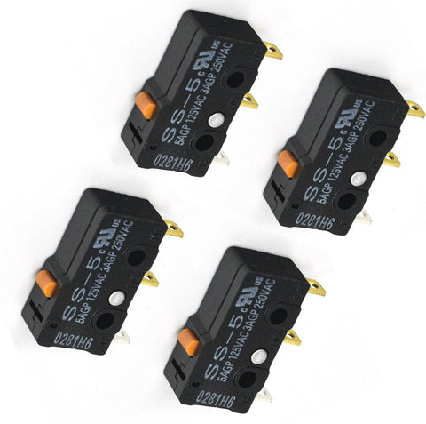 Four-pack pool valve actuator micro switches, black with orange push buttons and gold terminals, for CVA 24