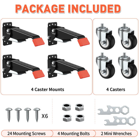 4-Pack Retractable Workbench Casters Kit - Heavy Duty 660 lbs Bench Caster Wheels package contents with casters and mounts