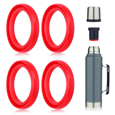 Set of four red silicone replacement gaskets for Stanley Classic thermos lid, with lid components and gray vacuum bottle.