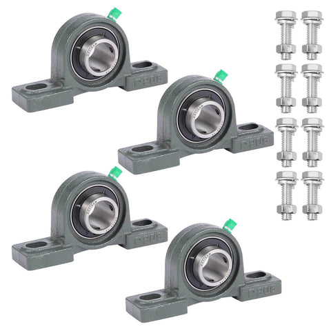 4 Pack UCP205-16 Mounted Pillow Block Ball Bearing, Bearing Steel Bearings 1" Bore with 8 Sets for Installing Bolts and Nuts viewed from front.