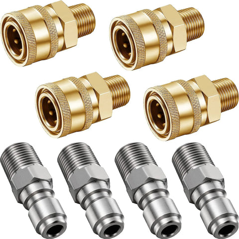 Amazon pressure washer quick-connect fittings set: 4 brass female couplers and 4 silver male adapters, 1/4 in NPT