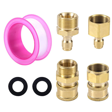 Gosknor 4pc brass M22-15mm to 1/4in pressure washer adapters with quick-disconnect fittings; includes two O-rings