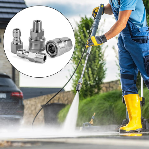Qoroos 4 Sets NPT 1/4in Quick-Connect Pressure Washer Fittings, stainless steel adapters (male/female) shown in inset